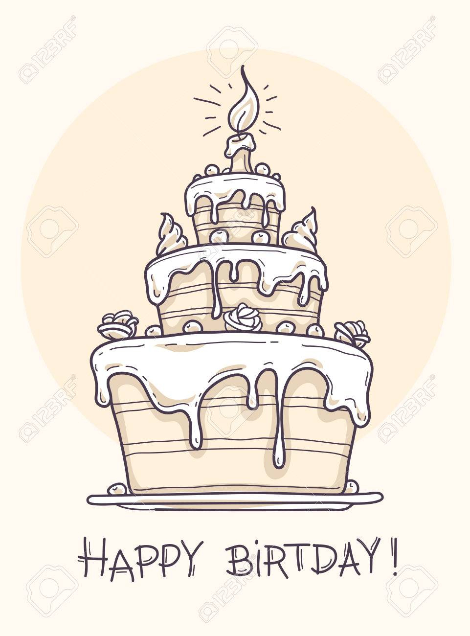 Birthday Cake Drawing Greeting Card With Big Birthday Cake Contour Drawing Vector